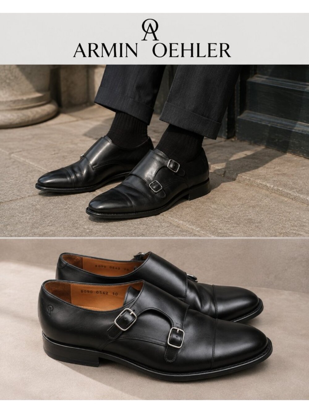 Armin Oehler Men’s Black Leather Double Monk Strap Cap Toe Dress Shoes US 10